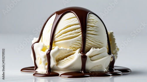 Ice cream with glossy chocolate drizzle shown on white background, perfect for ads, menus, or dessert packaging.