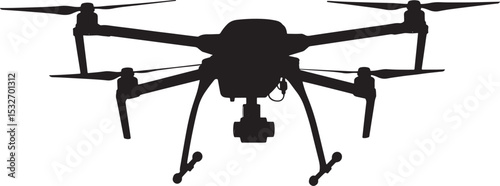 Black silhouette of a professional quadcopter drone with camera for aerial photography and videography a trending image for Adobe Stock vector