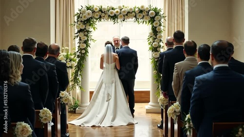 AI Generative Bride and groom walking in the church, wedding ceremony, full-length view from the back