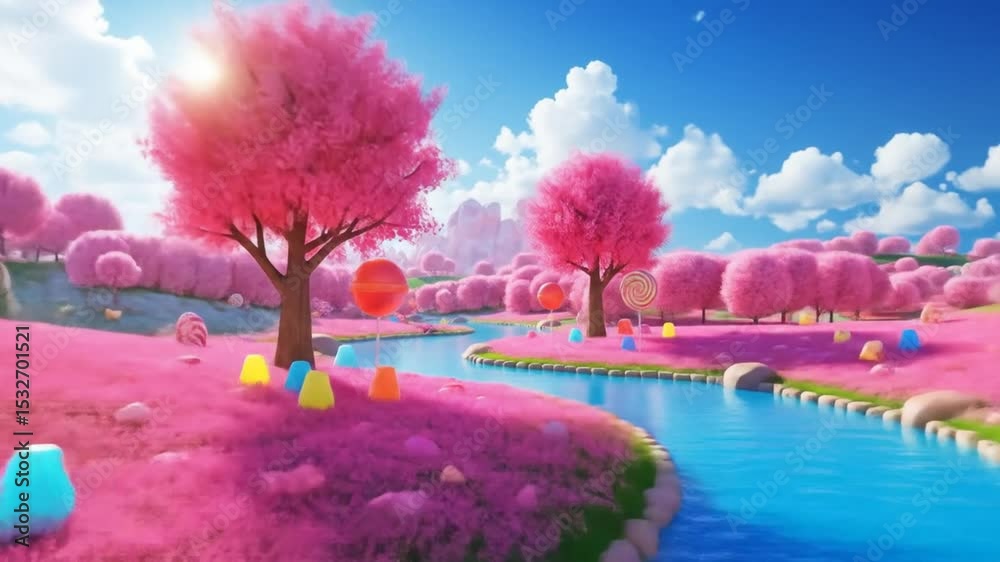 Enchanted Candyland Landscape: Pink Blossoms, Sweet River, and Lollipop Trees