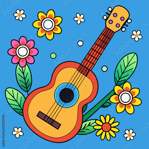 Guitar with Flowers toon style color background