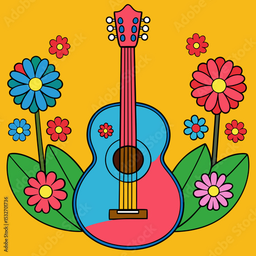 Guitar with Flowers toon style color background