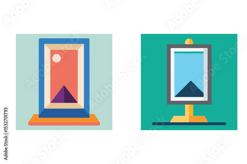 Flat art illustration depicting abstract landscapes in framed artwork and displayed on easel