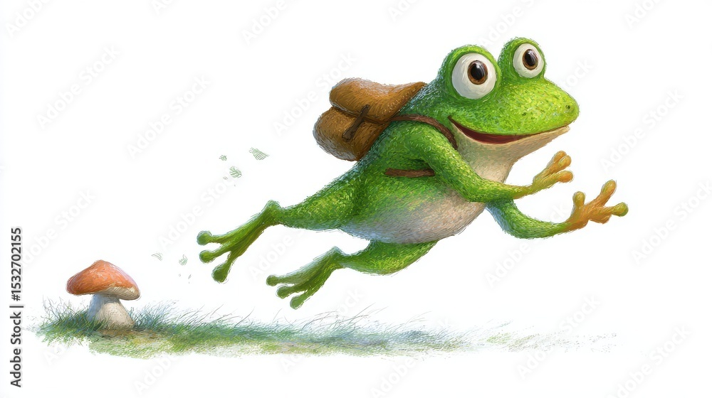 Fototapeta premium A cheerful frog with a backpack leaps through the air, a mushroom nearby.