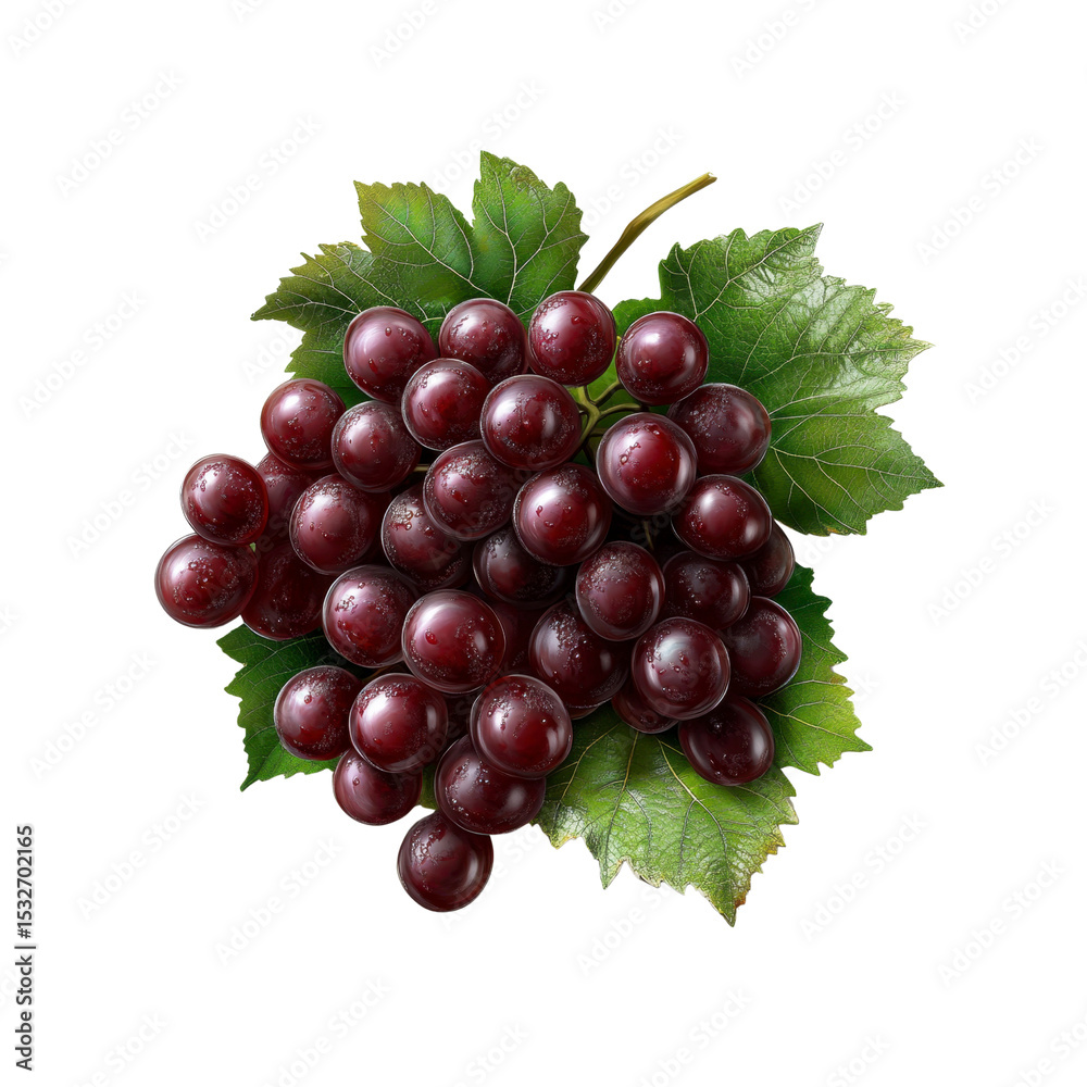 Fototapeta premium Lush Red Grapes with Green Leaves on Black Background