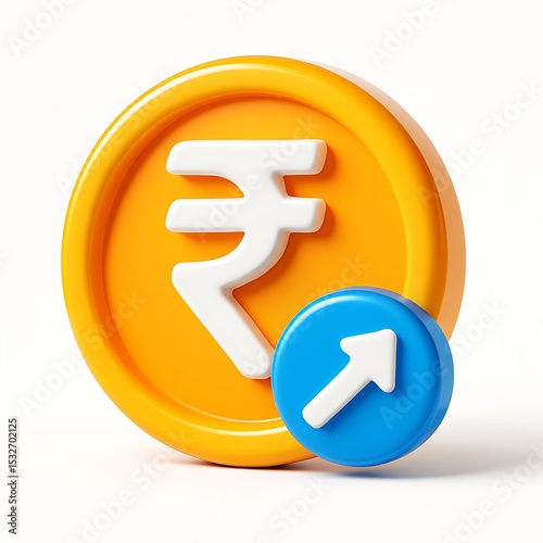 3d icon of rupee coin with upward arrow, isolated on white background