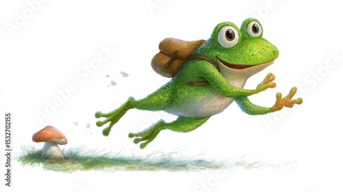 A cheerful frog with a backpack leaps through the air, a mushroom nearby.