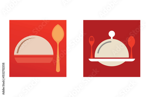 Minimalist flat design restaurant food cover spoon and fork icons on red background