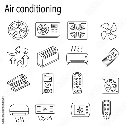 Air conditioning line icon set. Air conditioner, fan, wind, cooling and heating appliance, air cleaner, climate control, blow and more. Outline icon in linear style. Vector collection. 