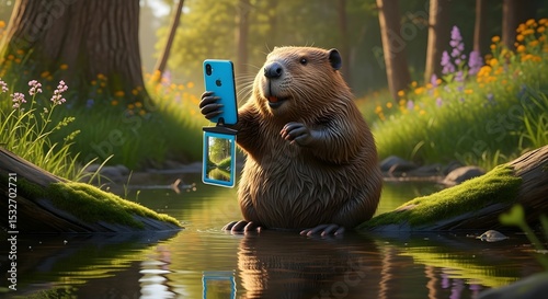 Beaver using smartphone while standing in calm water surrounded by flowers in a serene forest setting