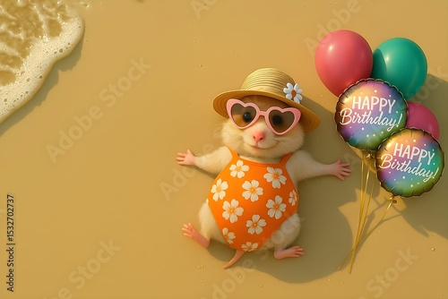 Cute rodent in beach attire celebrates birthday with colorful balloons on sandy shore near water