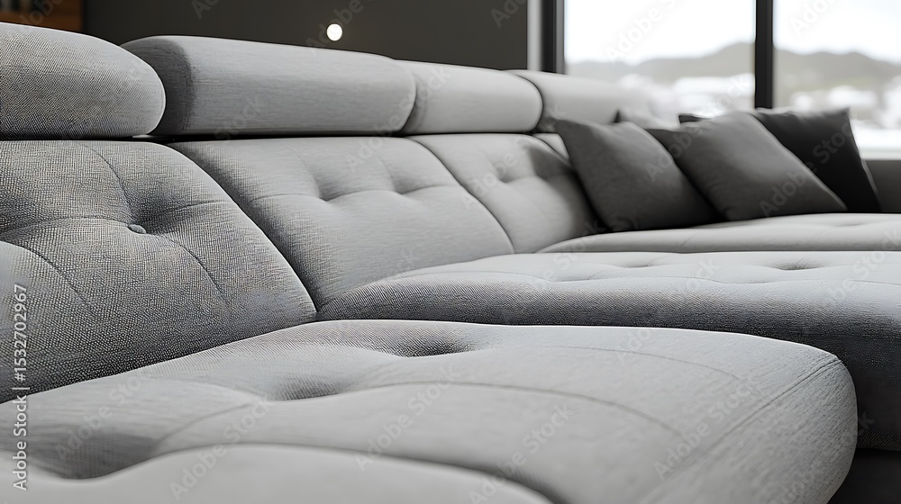 Fototapeta premium Modern gray sectional sofa with home interior.