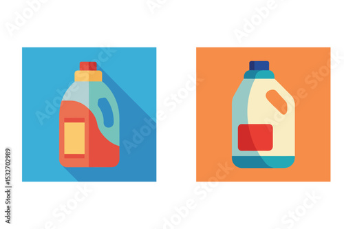 Colorful flat design illustrations of laundry detergent bottles on vibrant backgrounds