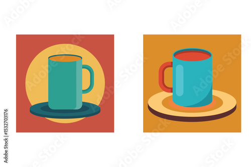 Two illustrated mugs of coffee or tea on saucers with minimalist design elements