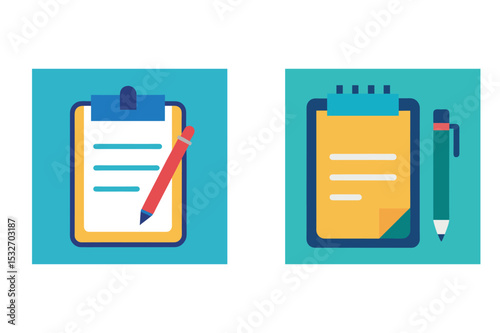 Colorful illustrations of clipboards and pens representing planning and document writing