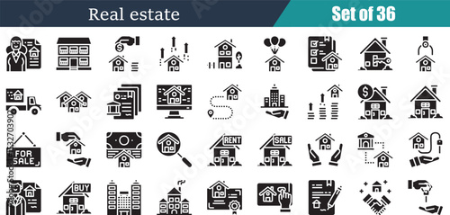 Comprehensive Real Estate Icon Set Thirty-Six Glyph Style House Property Symbols