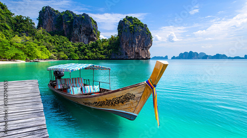 A longtail boat floats in vibrant turquoise water near a tropical island on a sunny day in Thailand.