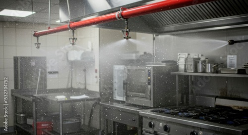 Commercial kitchen fire suppression system in operation