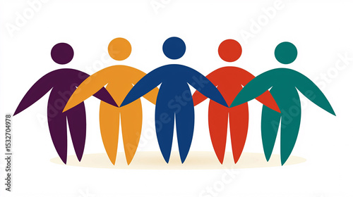 Diverse group of stylized people hold hands together forming a united front representing teamwork and unity.