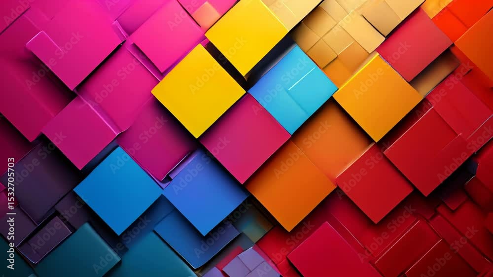 Colorful geometric shapes arranged in a layered pattern. The design features squares and rectangles in vibrant hues of pink, yellow, blue, and orange.