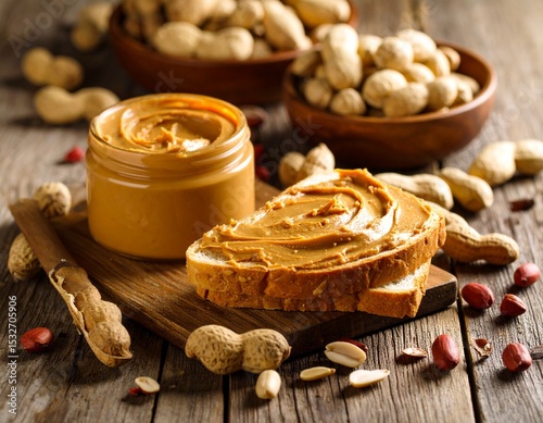 Close-up of a glass jar with creamy peanut butter on a white background, showing smooth texture and rich color — ideal for packaging or ads. ai generated