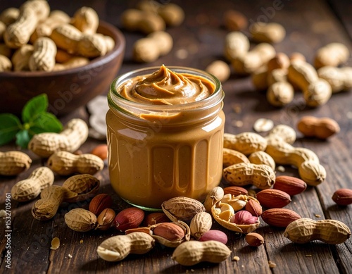Close-up of a glass jar with creamy peanut butter on a white background, showing smooth texture and rich color — ideal for packaging or ads. ai generated