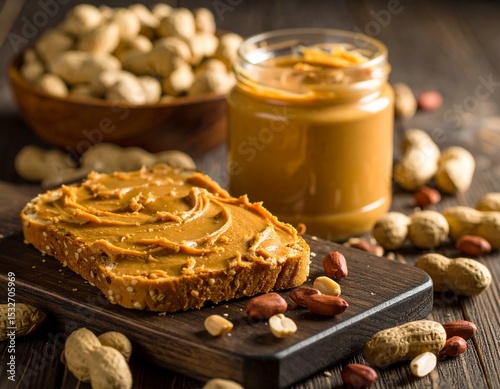 Close-up of a glass jar with creamy peanut butter on a white background, showing smooth texture and rich color — ideal for packaging or ads. ai generated