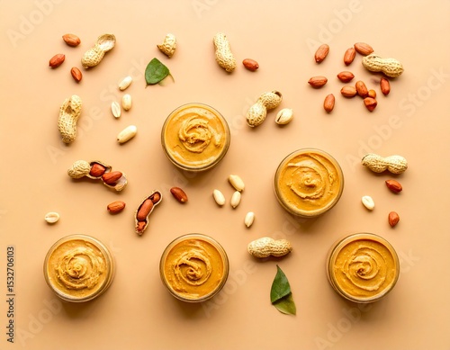 Close-up of a glass jar with creamy peanut butter on a white background, showing smooth texture and rich color — ideal for packaging or ads. ai generated