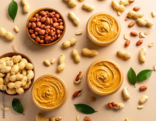 Close-up of a glass jar with creamy peanut butter on a white background, showing smooth texture and rich color — ideal for packaging or ads. ai generated