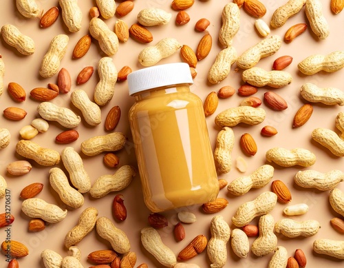 Close-up of a glass jar with creamy peanut butter on a white background, showing smooth texture and rich color — ideal for packaging or ads. ai generated