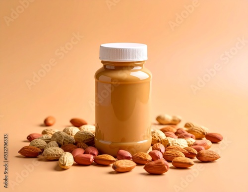 Close-up of a glass jar with creamy peanut butter on a white background, showing smooth texture and rich color — ideal for packaging or ads. ai generated