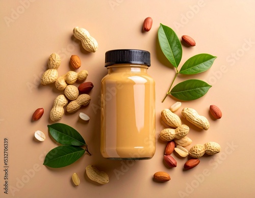 Close-up of a glass jar with creamy peanut butter on a white background, showing smooth texture and rich color — ideal for packaging or ads. ai generated