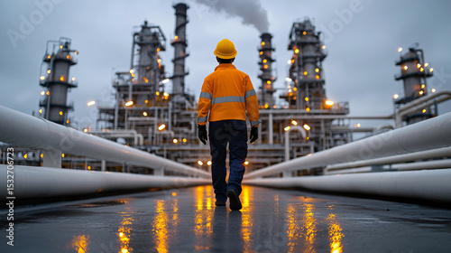 A worker in safety gear walks towards a large industrial complex illuminated at dusk under a cloudy sky.