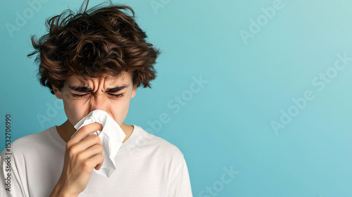 A young man with curly hair is wiping his nose with a tissue against a light blue studio background today.