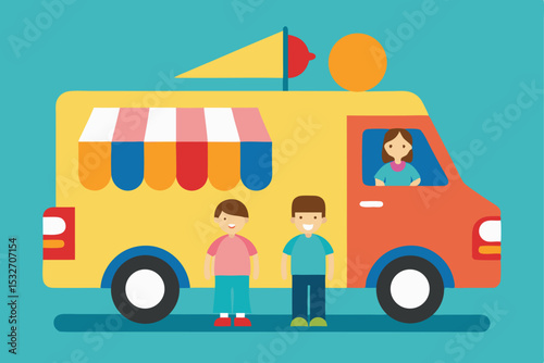 Happy children at colorful ice cream truck