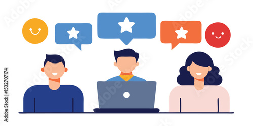 Happy customers giving positive feedback online review stars