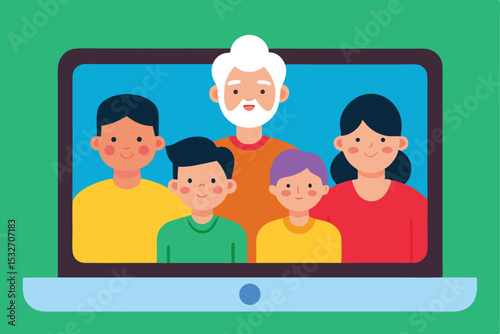 Happy family video call on laptop screen grandparents children