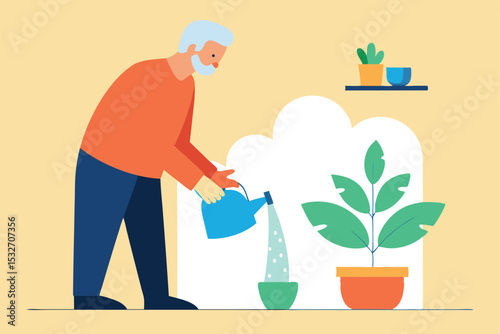 Senior man watering houseplant indoor gardening hobby