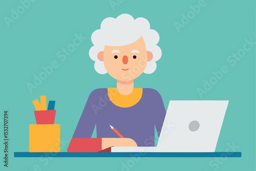 Senior woman working on laptop at desk writing notes