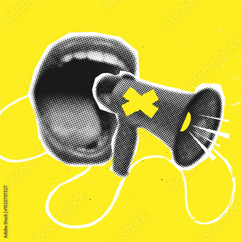 Halftone retro collage shouting mouth and loudspeaker,trendy collage design