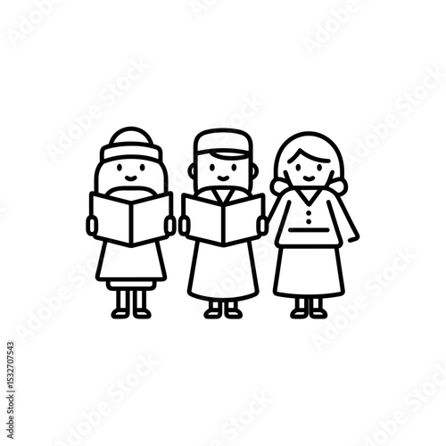 Outline of Christmas carolers singing on white background, minimalistic design.