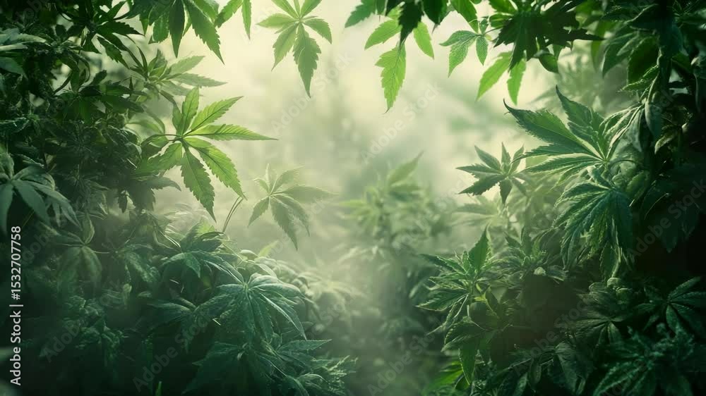 A green forest with leaves in the fore
