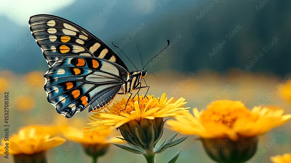 Butterfly resting on a vibrant yellow flower in a sunny outdoor garden scene Butterfly resting on a vibrant yellow flower in a sunny outdoor garden scene