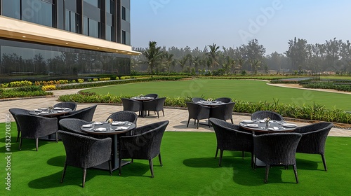 Outdoor dining area with tables and chairs on a green lawn at a luxury resort
