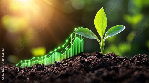 A small plant grows from the soil with a glowing green upward trend graph overlaid on the image concept.