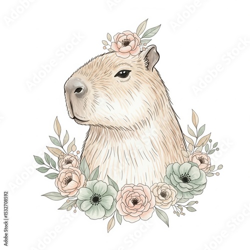 Charming nursery art of a sweet capybara with a floral wreath, rendered in a soft, gentle watercolor style on a white background
