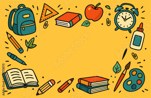 Vibrant  illustration with a clock, backpack, and books on a yellow background.