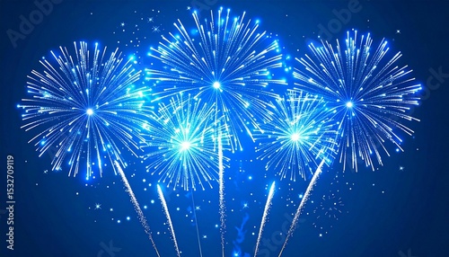 Bright blue firework explosions with sparkling stars - multiple firecracker bursts radiating in night sky. Realistic 3D luminous light effect composition on dark background for festive event