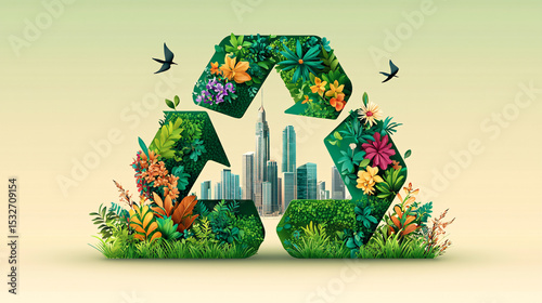 A green recycling symbol filled with plants and flowers sits in front of city skyline environment concept.