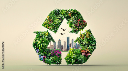 A recycling symbol filled with lush greenery and a city skyline promote environmental sustainability efforts.
